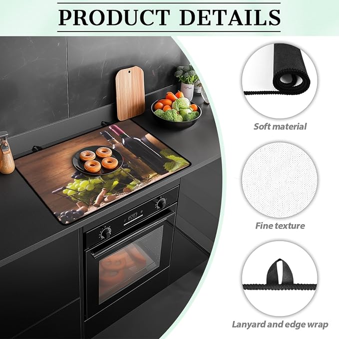 Red White Wine Stove Top Covers for Electric Stove Retro Fruit Grapes Wooden Board Glass Top Gas Stove Pad Heat Resistant Range Cooktop Mat for Kitchen 28"x20"