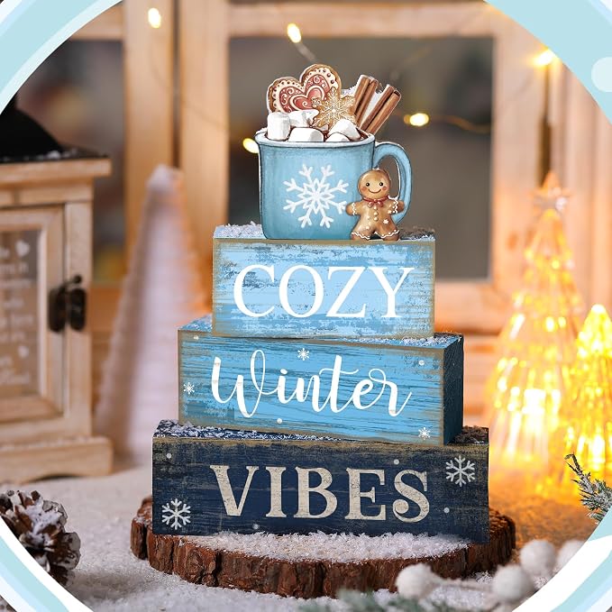 Lineshading 4 Pcs Wooden Farmhouse Tiered Tray Decor Winter Block Signs | Rustic Tabletop Decor, Hot Cocoa Mug Topper, Blue Wooden Signs, Cozy Winter Vibes Theme, Farmhouse Style Home Accents
