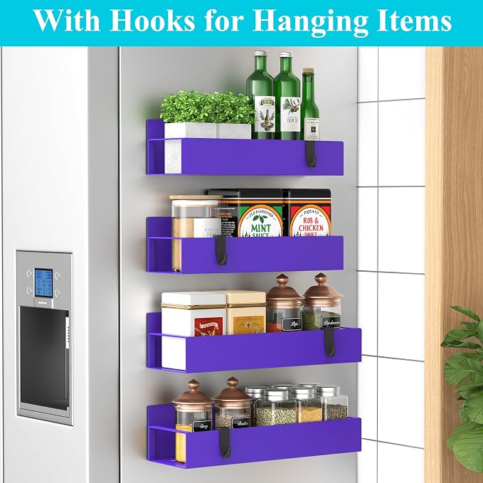 4 Pack Magnetic Spice Storage Rack Organizer for Refrigerator and Oven, Purple Fridge Organizers and Storage | Magnetic Shelves Heavy Duty for Fridge in Kitchen, Seasoning Storage Organizer, For Oven Washer and Dryer, For Heavier Items