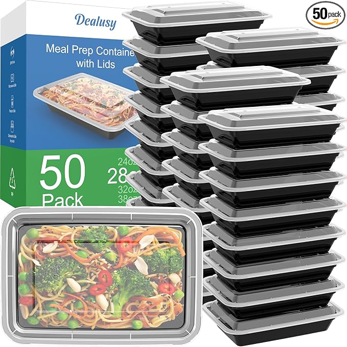 Dealusy 50 Pack (100-Piece) 28 oz Meal Prep Containers Reusable with Lids | Sturdy Leakproof & Food Safe, Microwave, Freezer, Dishwasher Safe Prep Containers, To Go Take Out Plastic Food Storage