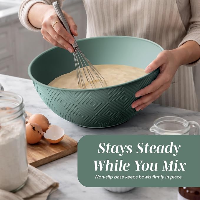 COOK WITH COLOR Mixing Bowls with Lids - 12 Piece Plastic Nesting Bowls Set includes 6 Prep Bowls and 6 Lids, Microwave Safe Mixing Bowl Set, Mint Rhombus