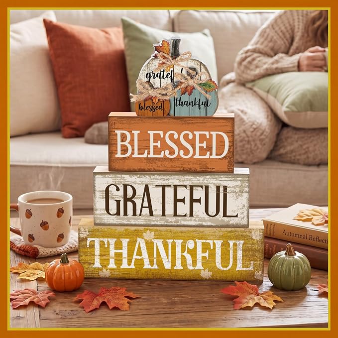 Lineshading 4 Pcs Stacked Pumpkin Block Signs, Fall Thanksgiving Decor | Rustic Wooden Signs with Grateful Blessed Thankful Words, Farmhouse Tabletop Centerpiece for Autumn Tiered Tray Decorations