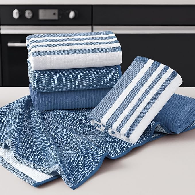 Homaxy Cotton 380 GSM Premium Kitchen Towels, 18"x 28", 12 Pack, Navy Blue | Soft and Absorbent Terry Dish Towels, Multipurpose Tea Towel Set with Hanging Loop, 3 Styles Kitchen Hand Towels