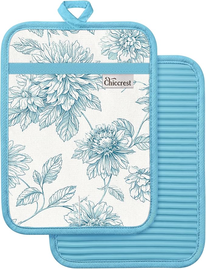 100% Thick Cotton Pot Holders Ribbed Soft Silicone Blue Floral | Stylish Pot Holders with Pockets, Ribbed Soft Silicone, Machine Washable Non-Slip Heat Resistant Hot Pads 2pcs, Kitchen Gift