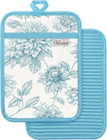 100% Thick Cotton Pot Holders Ribbed Soft Silicone Blue Floral | Stylish Pot Holders with Pockets, Ribbed Soft Silicone, Machine Washable Non-Slip Heat Resistant Hot Pads 2pcs, Kitchen Gift