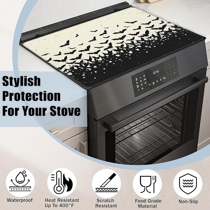 Electric Stove Top Cover,Gothic Bats Stove Cover for Glass Top Electric Stove,Halloween Heat Resistant Flat Top Stove Mat Countertop Protector, 28 x 20 Inch
