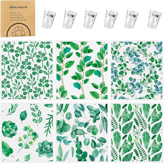 Needbrock 6 Pack Swedish Dishcloths for Kitchen, Swedish Rags | Absorbent Green Leaf Dish Cloths with Adhesive Clips, Reusable Paper Towels No Odor for Countertop Dishes Cleaning
