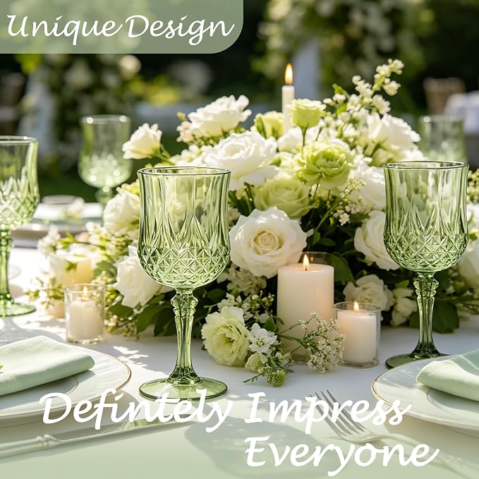 48Pack Plastic Wine Glasses, 7oz Vintage Goblets for Wedding | Unbreakable Crystal Style Reusable Stemware, Elegant New Green Drinking Glass for Party Anniversary & Holiday Celebration