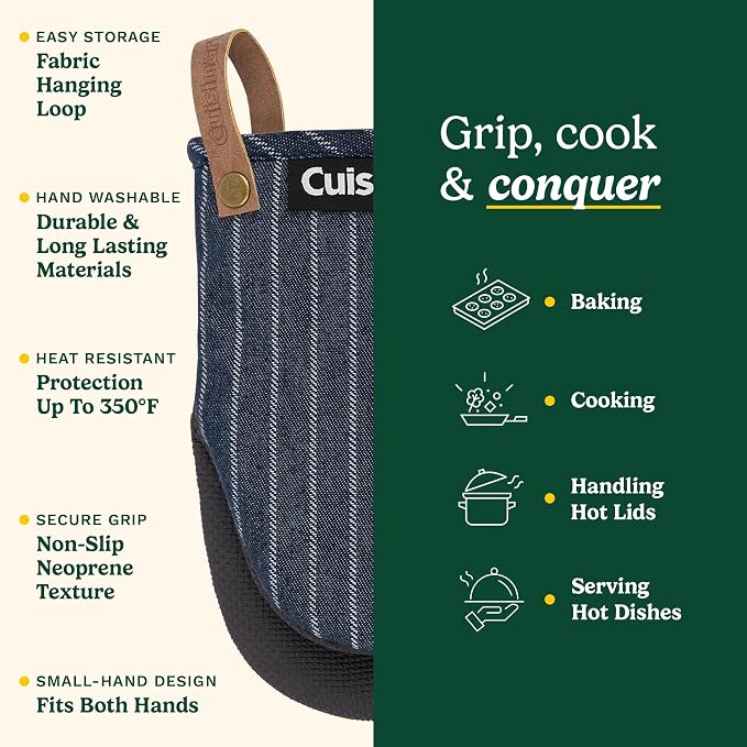 Cuisinart Heritage Mini Oven Mitts, 2-Pack, Neoprene, Heat Resistant 350F | Cotton-lined, non-slip neoprene palm, ambidextrous design, leather hang loop, ideal for smaller hands and everyday cooking