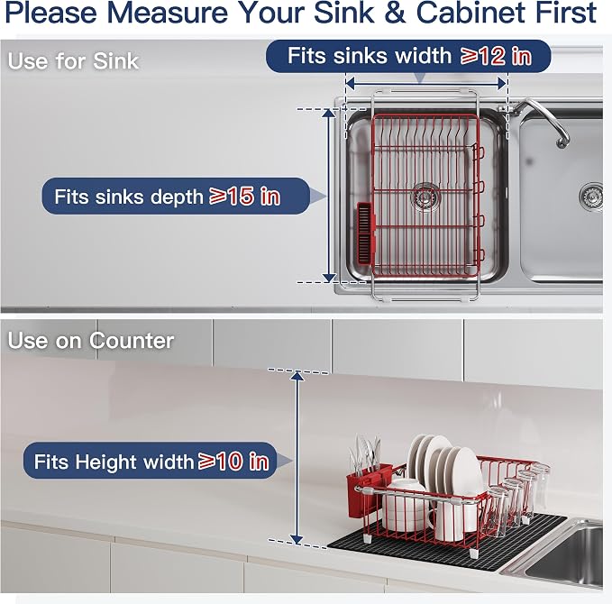 JASIWAY Red Dish Drying Rack in Sink with Mat, Cups and Utensil Holder | Use Over the Sink or Counter, Stainless Steel Expandable Dish Drainer for Small Kitchen, Space Saving, Fast Drain, Rustproof