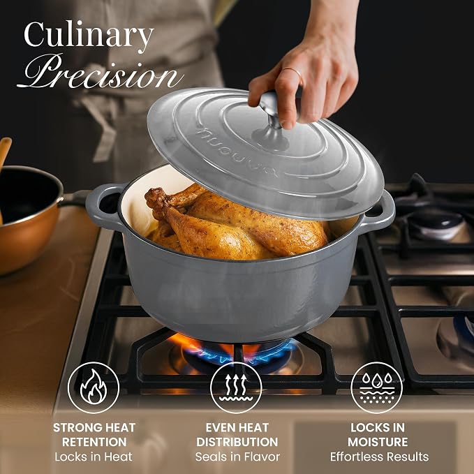 Nuovva Enamelled Cast Iron Dutch Oven Pot with Lid-6.4 Quart Non Stick Casserole Pot-Heavy Duty & Oven Safe up to 500° F for Bread Baking, Braising, Stews, Roasting - 28cm Grey