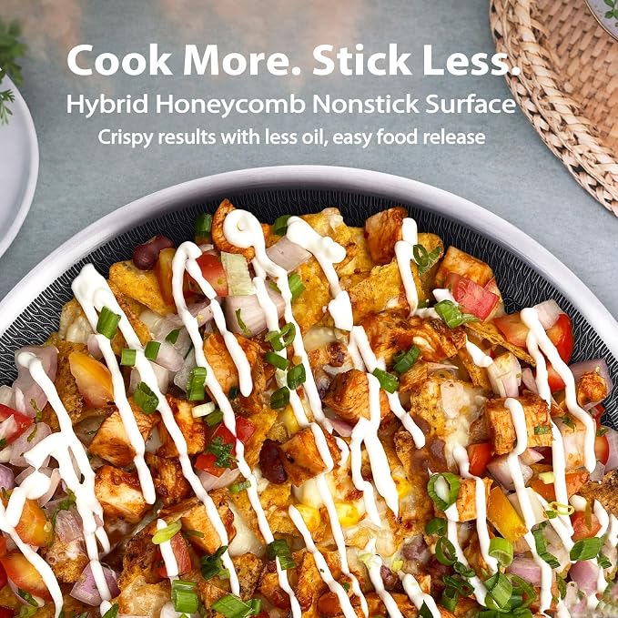 13 Inch Hybrid Nonstick Wok with Lid, Double-Sided Ceramic Coating | Honeycomb Stainless Steel Wok Pan | Long Handle | Induction Compatible | Oven & Dishwasher Safe