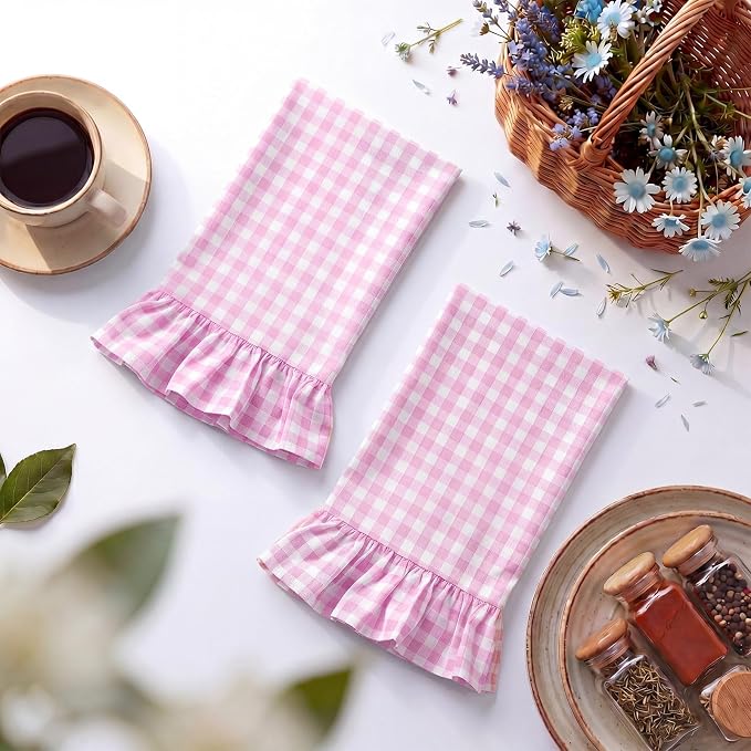 HunnmingRe 2 Pcs Hot Pink Gingham Kitchen Towels Cotton Ruffled | Checked Dish Towels 18"x28" Tea Cloths Plaid Cottage Core Kitchen Decor for Farmhouse Charm Drying Dishes Entertaining Guests