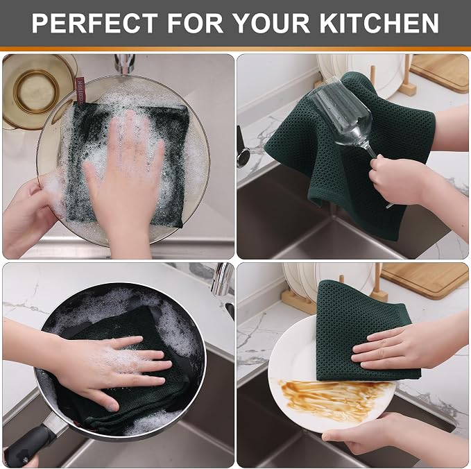 Kitinjoy Cotton Waffle 6-Pack Kitchen Towels, 12" x 12", Blackish Green | Ultra Absorbent, Super Soft, lightweight, Quick Drying Dish Rags for Washing Dishes