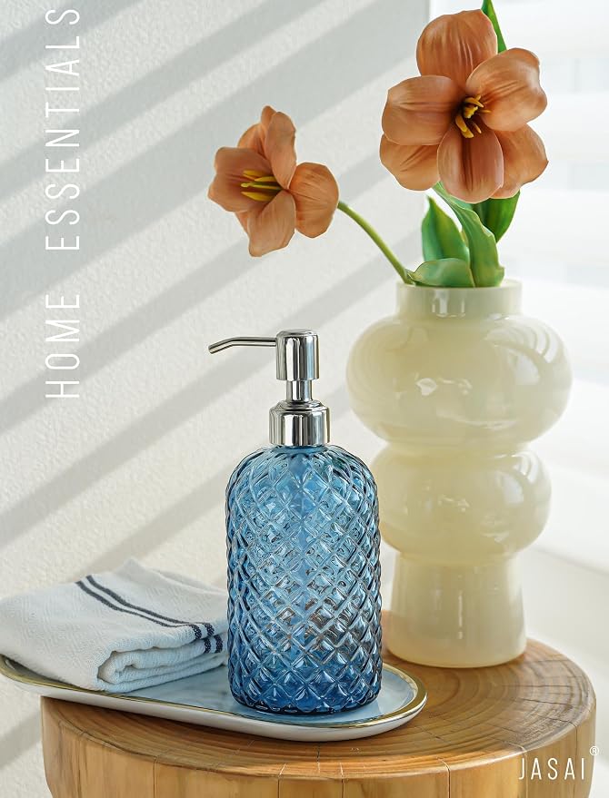 JASAI 18Oz Gem Patterned Glass Soap Dispenser for Kitchen and Bathroom | Refillable Hand soap Dispenser with Rust Proof Stainless Steel Pump, Clear Soap Dispenser Bathroom for Dish Soap, Hand Soap.