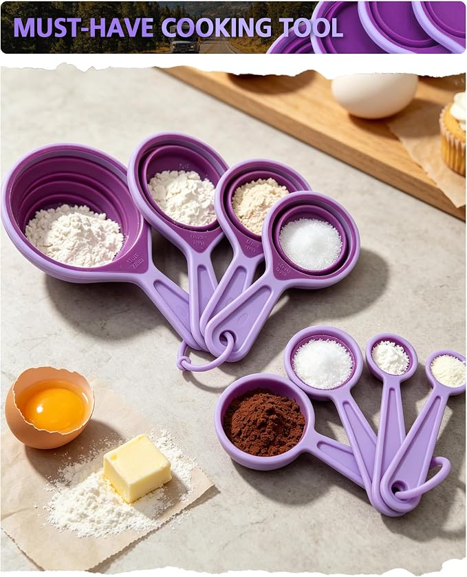 Measuring Cup and Spoon Set, Collapsible Measuring Cup, 8 Piece Measuring Tools, Engraved Metric/US Markings, for Liquid and Dry Measurements, Space Saving, BPA Free Silicone, Colorful