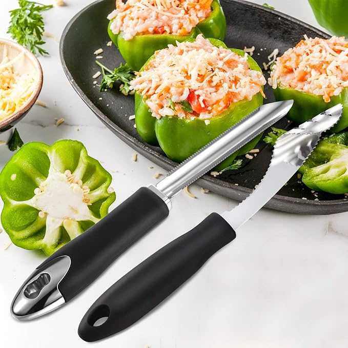 2 Pieces Jalapeno Pepper Corer Zucchini Cucumber Corer Remover with Serrated Slice and Rubber Handle Seed Remover or Slice Off Vegetables Tops for Kitchen | Rubber Handle, Chili Pepper Deseeder, Core Remover for Squash Poblano Veggie