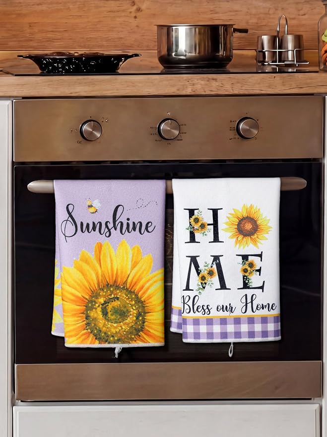 4 Pcs Sunflower Kitchen Towels Purple Plaid Hand Dish Towels | Absorbent Fast Drying Tea Dishcloths Sunshine Lavender Decor Housewarming Gift for Cooking Bathroom Kitchen Decor