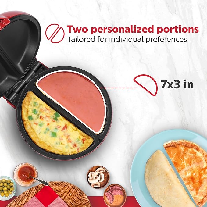 Holstein Housewares Stainless Steel 2 Section Omelet & Frittata Maker, Non Stick Coating, Easy To Clean, Indicator Lights, Compact Storage, Prepare Versatile Recipes in Minutes. 2 Portions, Red