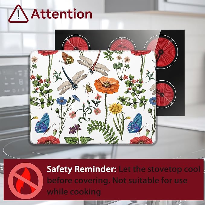 Dragonfly Butterfly Botanical Stove Top Cover for Electric, Glass Ceramic Stove Cover, Heat Resistant Flat Stovetop Protector, Dish Drying Mats for Kitchen