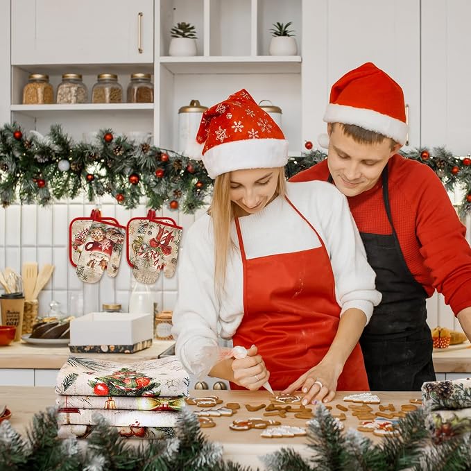 SiliFine 12 Pcs Christmas Kitchen Accessories Set Retro Snowman Pot Holders Vintage Santa Oven Mitts Xmas Tree Kitchen Towels for Farmhouse Christmas Home Decorations, Cooking Baking Holiday Gifts