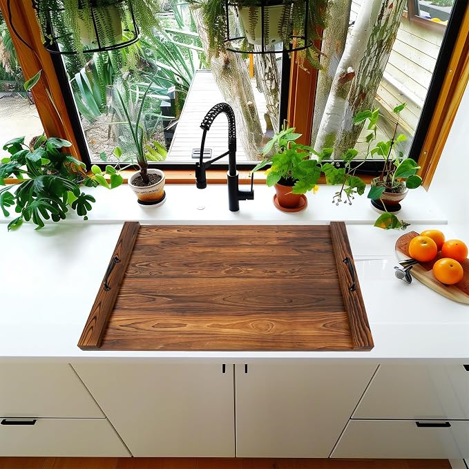 Noodle Board Stovetop Cover with Handles, Sink Wood Block Covers for Electric & Gas Stove, RV Stove Burner, Farmhouse Decorative Wooden Tray for Kitchen