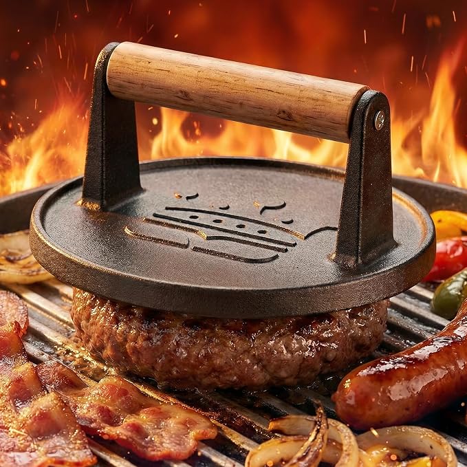 Smash Burger Press 6.5" Burger Patty Maker Set 20pc Baking Paper | 2lb Heavy-Duty Grill Bacon Meat Press with Wood Handle,Nonstick hamburger Smasher for griddle accessories,BBQs and Tailgates