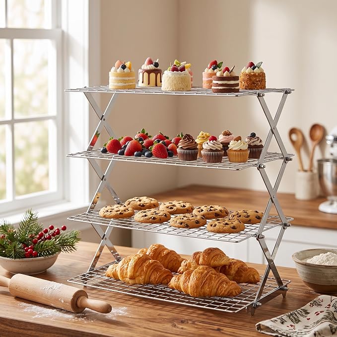 LIANYU 4 Tier Collapsible Cooling Rack, 3 Setting Design & Heavy-Duty | Cookie Cooling Rack for Baking and Cooking, Heavy Duty Wire, X-Shaped Structure, Easy Cleaning & Non-Stick, Kitchen Drying