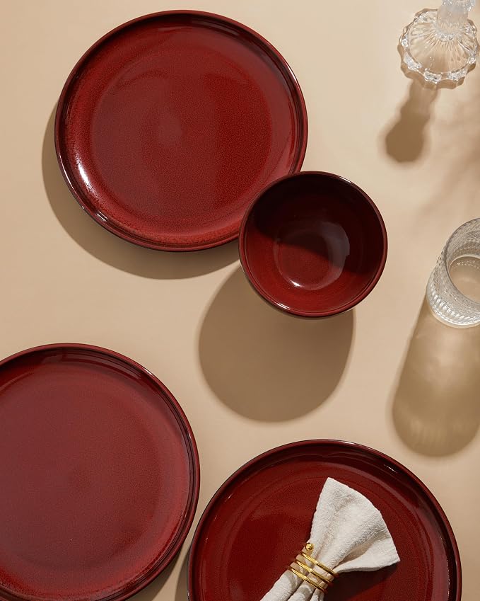 Santorini Mist Terracotta Reactive Glaze Plates and Bowls Sets, Stoneware Dinnerware Sets, Microwave and Dishwasher Safe Ceramic Dish Set Service for 4, Terracotta Red