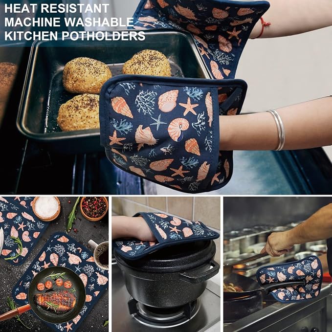 Pot Holders Set of 2 Heat Resistant 480℉ Kitchen 100% Cotton | Comfortable Lining Printing Cowry Flower Women Men Home Cooking Baking Microwave BBQ Gift (Cowry potholders)