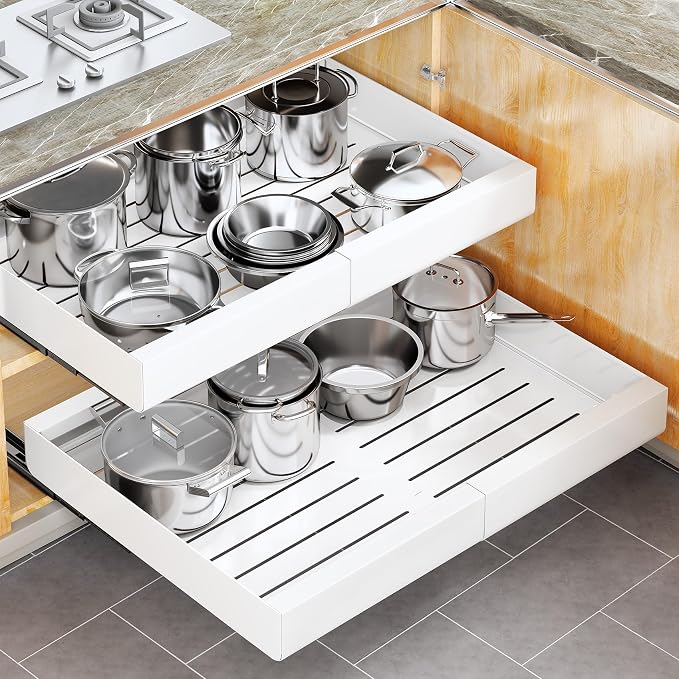 Pull out Cabinet Organizer, Wider Expandable(14"-24") Heavy Duty Slide out Drawers Fixed with Adhesive Nano Film for Pots, Roll out Shelf Storage for Kitchen Cabinet Organization(White-1pc)(3 Rails)