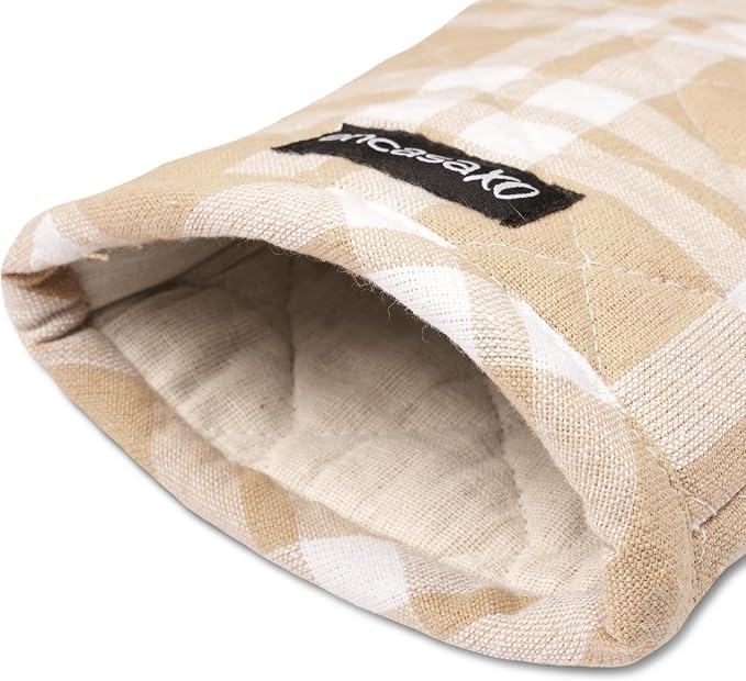 Encasa XO Oven Mitts, Heat Resistant Kitchen Gloves, Microwave | Franca Beige Checks, 100% Cotton | Diamond Quilted Insulation | Pot Holders | Hanging Loop | Barbecue & Grill | Set of 2
