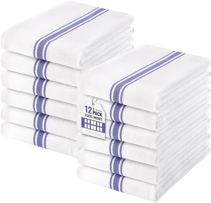 Homaxy 100% Ring Spun Cotton Kitchen Towels 12 Pack, Blue Stripe | 15 x 25 Inch, Highly Absorbent Dish Towels for Kitchen Drying, Reusable Cleaning Cloths, Soft Tea Towels with Hanging Loop