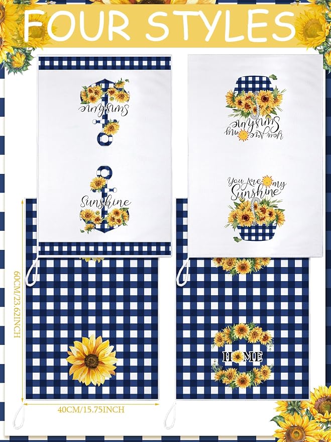 4 Pcs Sunflower Kitchen Towels Set, Hand Tea Towels Gifts | Absorbent Fast Drying Dish Clothes Floral Blue White Plaid Decor Housewarming Gift for Cooking Bathroom Kitchen Decor