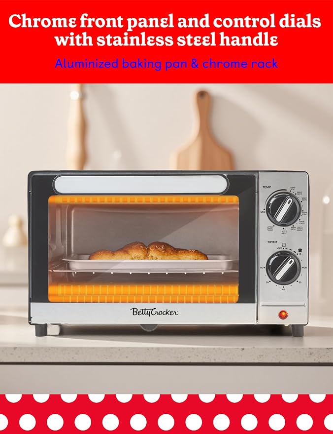 Betty Crocker 9L 2-Slice Toaster Oven, 1000 Watts, BC-5665B, Black/Silver | Chrome Plated Front, Stainless Steel Handle, Bake, Broil & Toast Functions, Easy Control Dials, Includes Baking Pan & Rack