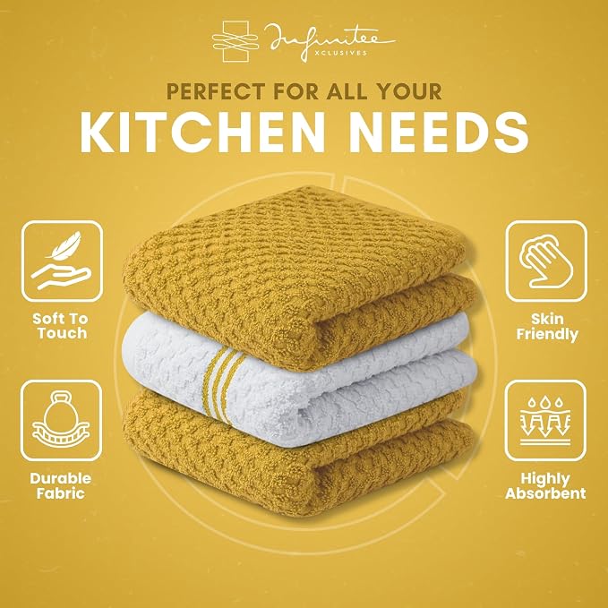 Infinitee Xclusives Kitchen Towels - 3 Pack - Cotton Dish Towel |15" x 25"| | 100% Cotton, Highly Absorbent Tea Towels - Lint Free, Soft, Durable & Quick Dry, Ideal for Drying Dishes & Kitchen Cleaning