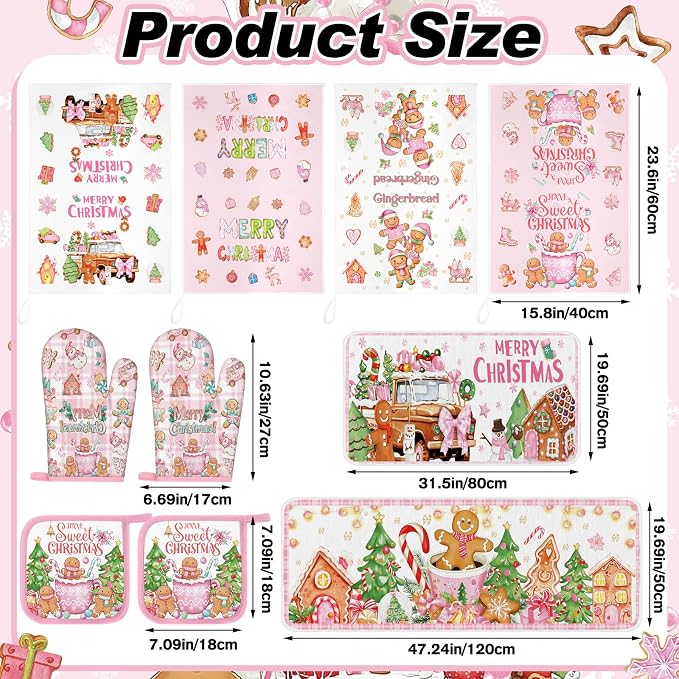 Fanfanwin 10 Pcs Christmas Gingerbread Man Kitchen Decor Accessories Set | Pink Christmas Gingerbread Towels Pot Holders Oven Mitts Rugs for Baking Cooking BBQ, Holiday Decor, Gifts