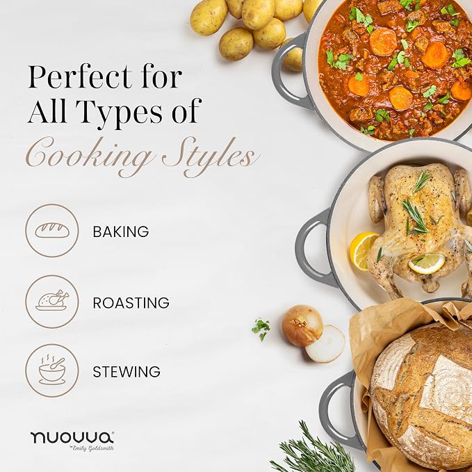 Nuovva Enamelled Cast Iron Dutch Oven Pot with Lid-6.4 Quart Non Stick Casserole Pot-Heavy Duty & Oven Safe up to 500° F for Bread Baking, Braising, Stews, Roasting - 28cm Grey