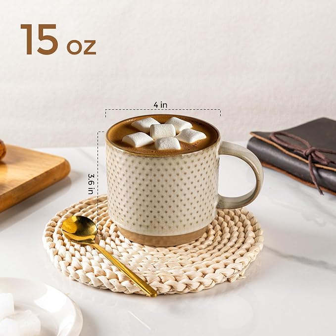 GBhome 15 OZ Stackable Coffee Mugs Set of 4, Ceramic Coffee Cups Set | 4 Assorted Designs, Embossed Mugs with Texture Patterns for Tea/Coffee, Dishwasher&Microwave Safe, Pale Khaki