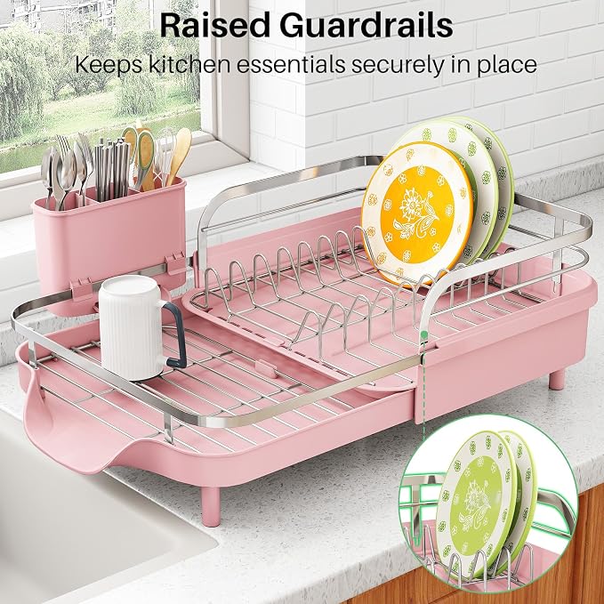 SAYZH Expandable Dish Drying Rack for Small Kitchen Counter, Pink | Stainless Steel, Protective Guardrail, Angled Drainboard, Fits High-Rim Sinks, Removable Utensil Holder