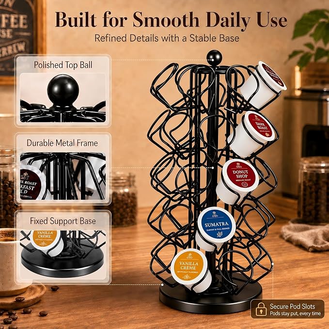 K Cup Holder, Coffee Pod Holder Storage Organizer Stand, 40 Pods Carousel | K Cup Carousel,Polished Top Ball,360°Rotating K Cup Organizer,Stable Base,Space-Saving for Countertop,No Assembly Required