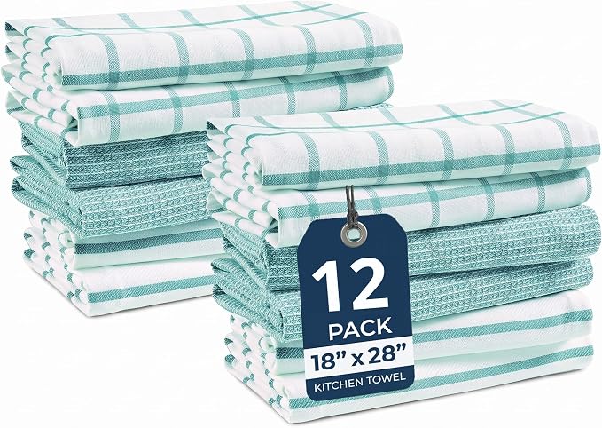 LANE LINEN Kitchen Towels & Dishcloths Set of 12-100% Cotton, Quick-Drying 18” x 28” Absorbent Dish & Tea Towels, Soft Hand Towels for Kitchen - Aqua