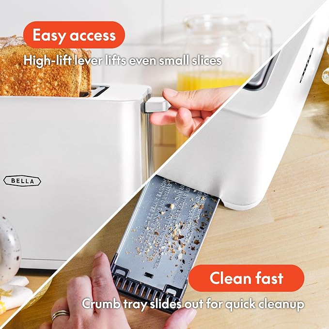 bella 2 Slice Toaster, Extra Wide Slots & Removable Crumb Tray, White