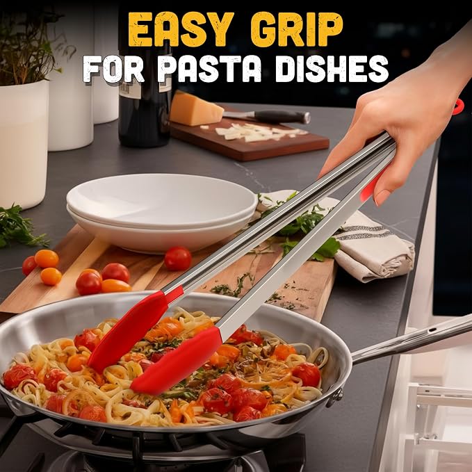 17.3" Extra Long Tongs with Silicone Tip & Stainless Steel Frame | Long Kitchen Tongs with Extended Reach, 3.3 Lb Hold and Storage Lock; for BBQ Grilling, Cooking, Grabbing, Serving and Salad
