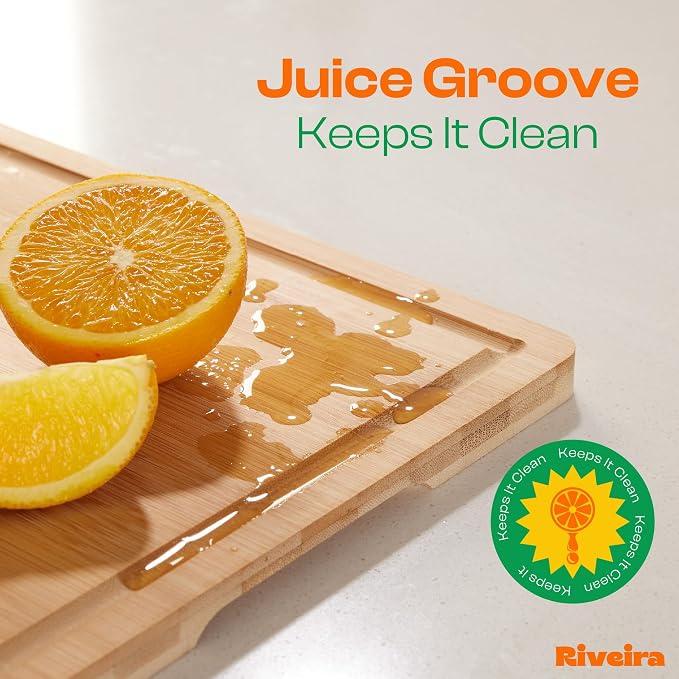 Riveira Bamboo Grandeur: 18 x 12 Bamboo Cutting Board Natural Wooden Cutting Board With Innovative Juice Grooves