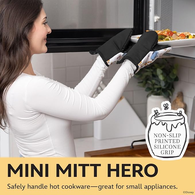 Disney Winnie the Pooh Mini Oven Mitts, 2-Pack, Heat Resistant 450F | Compact 5.5"x7.5" pot holders for kitchen, printed silicone offers non-slip grip, ambidextrous, hand wash or spot clean