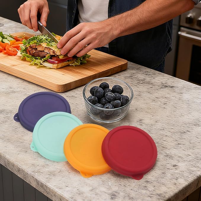 1 Cup Round Silicone Storage Cover Lids Replacement for Anchor Hocking and Pyrex 7202-PC Glass Bowls (Container not Included) (Mix) 4 Pack