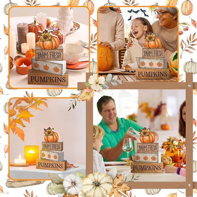 Lineshading 4 Pcs Fall Tiered Tray Decor, Pumpkin Sunflower Wood Sign | Rustic Farmhouse Wooden Block Signs, Farm Fresh Pumpkins Text, For Fall Home Shelves, Mantel, Table, School Events