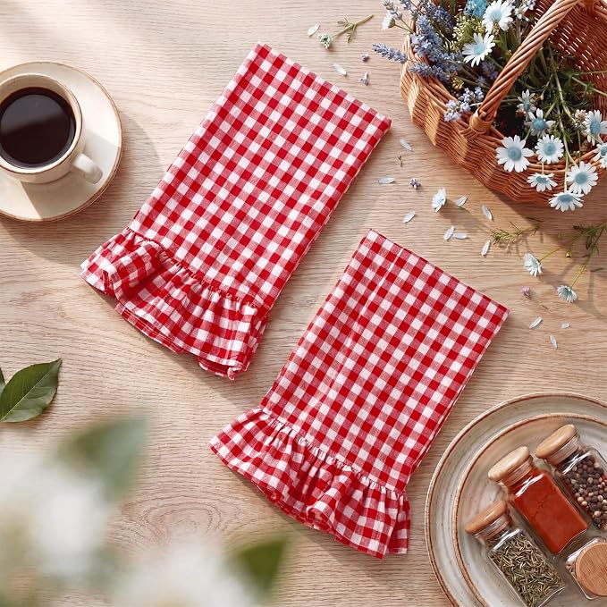 HunnmingRe 2 Pcs Red Gingham Kitchen Towels Cotton Ruffled | Checked Dish Towels 18"x28" Tea Cloths Plaid Cottage Core Kitchen Decor for Farmhouse Charm Drying Dishes Entertaining Guests