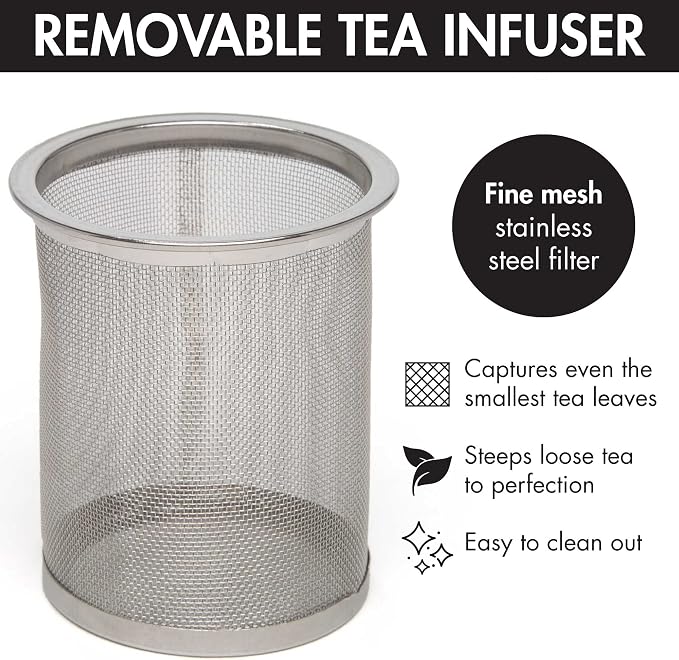 Primula Half Moon Teapot with Removable Infuser, Glass Tea Maker with Reusable Fine Mesh Stainless Steel Filter, Dishwasher Safe, 40-Ounce, Black